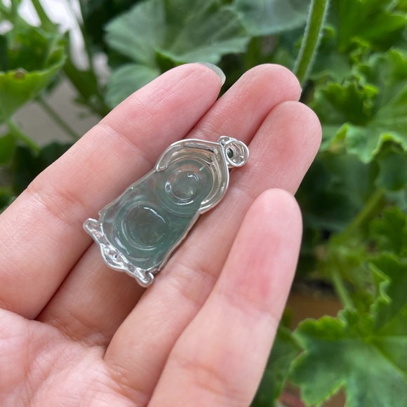 18K Jade Buddha Diamond Pendant Necklace For Women - Picture 3 of 5